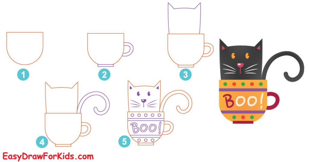 how to draw a black cat in cup step by step